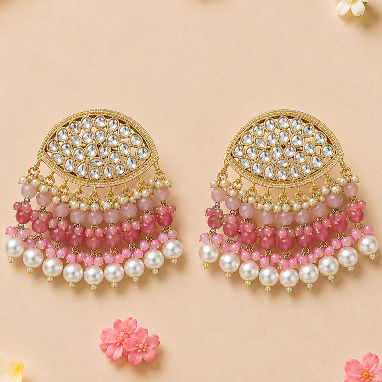 Elegant gold tone indian kundan chandbali earrings with pink and white faux pearls for diwali wedding and ethnic wear