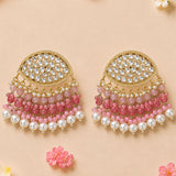 Elegant gold tone indian kundan chandbali earrings with pink and white faux pearls for diwali wedding and ethnic wear
