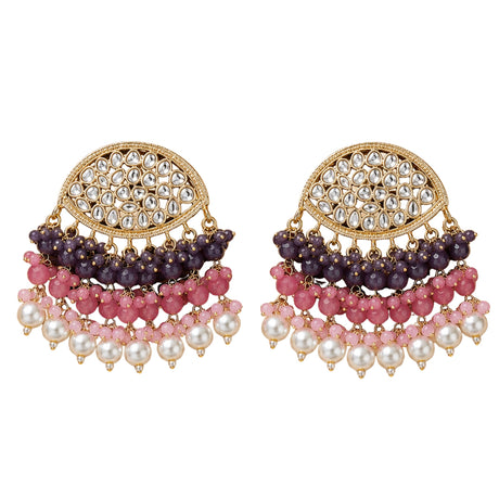 Gold tone Indian kundan stone and faux pearl chandelier earrings with clear crystals and multicolored bead strands for ethnic wear