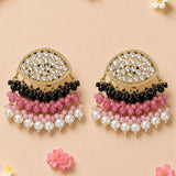 Indian kundan stone and faux pearl gold tone half-moon earrings with clear crystals beads and cascading pearls for ethnic wear