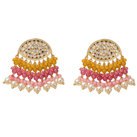 Gold-toned indian kundan stone and faux pearl chandelier earrings with clear stones and colorful bead strands for ethnic wear