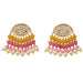 Gold-toned indian kundan stone and faux pearl chandelier earrings with clear stones and colorful bead strands for ethnic wear