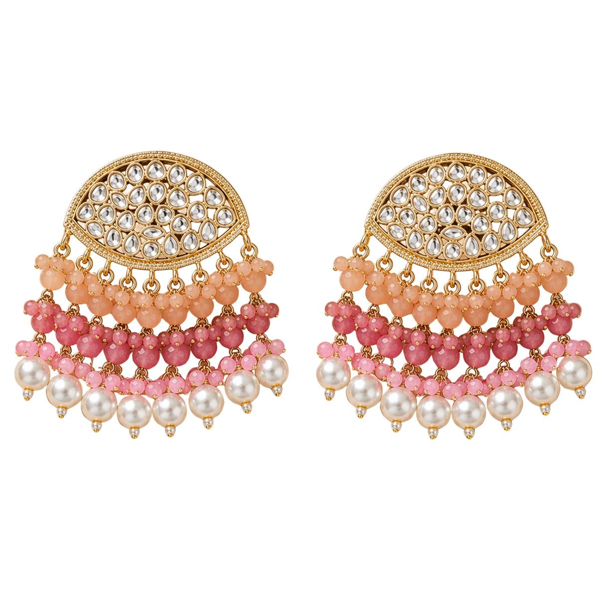 Gold tone Indian kundan stone earrings with clear stones, peach pink beads, and faux pearl tiers for ethnic wear