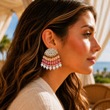 Pink and white beaded chandelier earrings with gold toned metal frame kundan stone and faux pearl ethnic jewelry