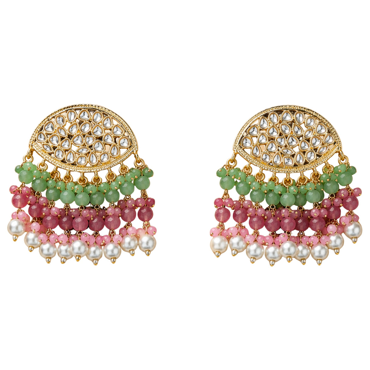 Gold tone kundan stone and faux pearl chandelier earrings with clear stones and multicolor beads for weddings and ethnic wear