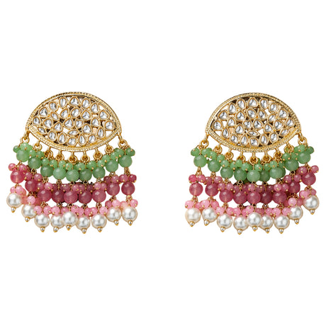 Gold tone kundan stone and faux pearl chandelier earrings with clear stones and multicolor beads for weddings and ethnic wear