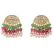 Gold tone kundan stone and faux pearl chandelier earrings with clear stones and multicolor beads for weddings and ethnic wear