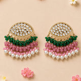 Elegant gold tone Indian kundan stone earrings featuring clear crystals, green and pink beads, and white pearls for ethnic wear