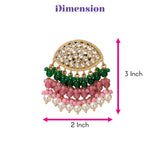 Gold tone indian kundan stone and faux pearl chandbali earrings with green pink and white beads for ethnic wear