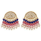 Gold-toned Indian Kundan stone earrings with clear stones and cascading blue pink white faux pearls for ethnic wear