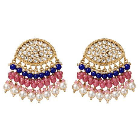 Gold-toned Indian Kundan stone earrings with clear stones and cascading blue pink white faux pearls for ethnic wear