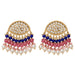 Gold-toned Indian Kundan stone earrings with clear stones and cascading blue pink white faux pearls for ethnic wear