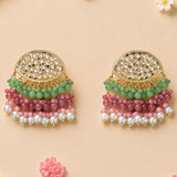 Gold-toned indian kundan stone and faux pearl chandbali earrings with pave-set stones and multicolor bead tiers for ethnic wear