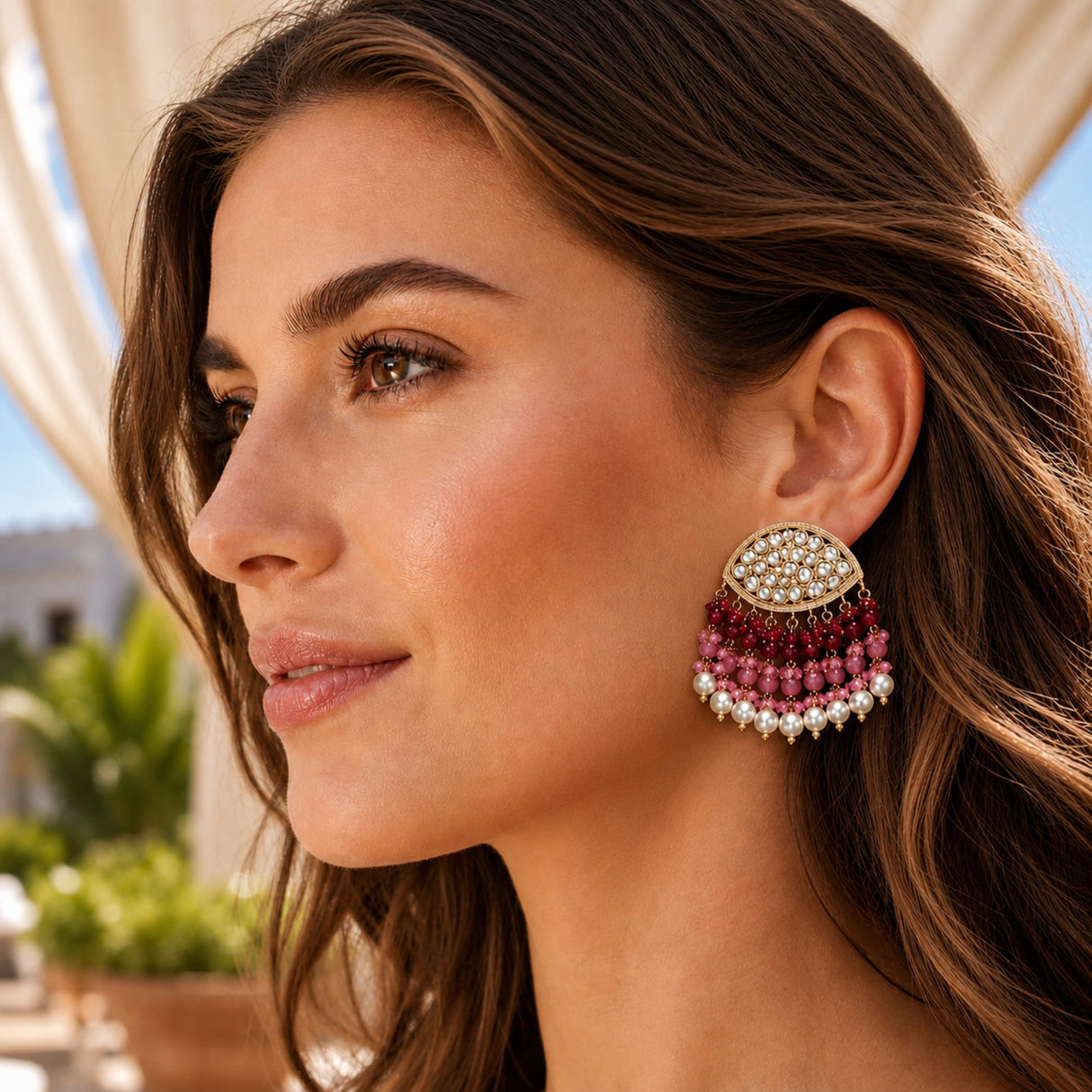 Indian kundan stone and faux pearl gold tone chandbali earrings with deep pink and white pearl fringe for weddings and diwali