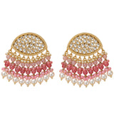 Gold tone chandelier earrings with kundan stones and pink white faux pearl beads for diwali and ethnic wear