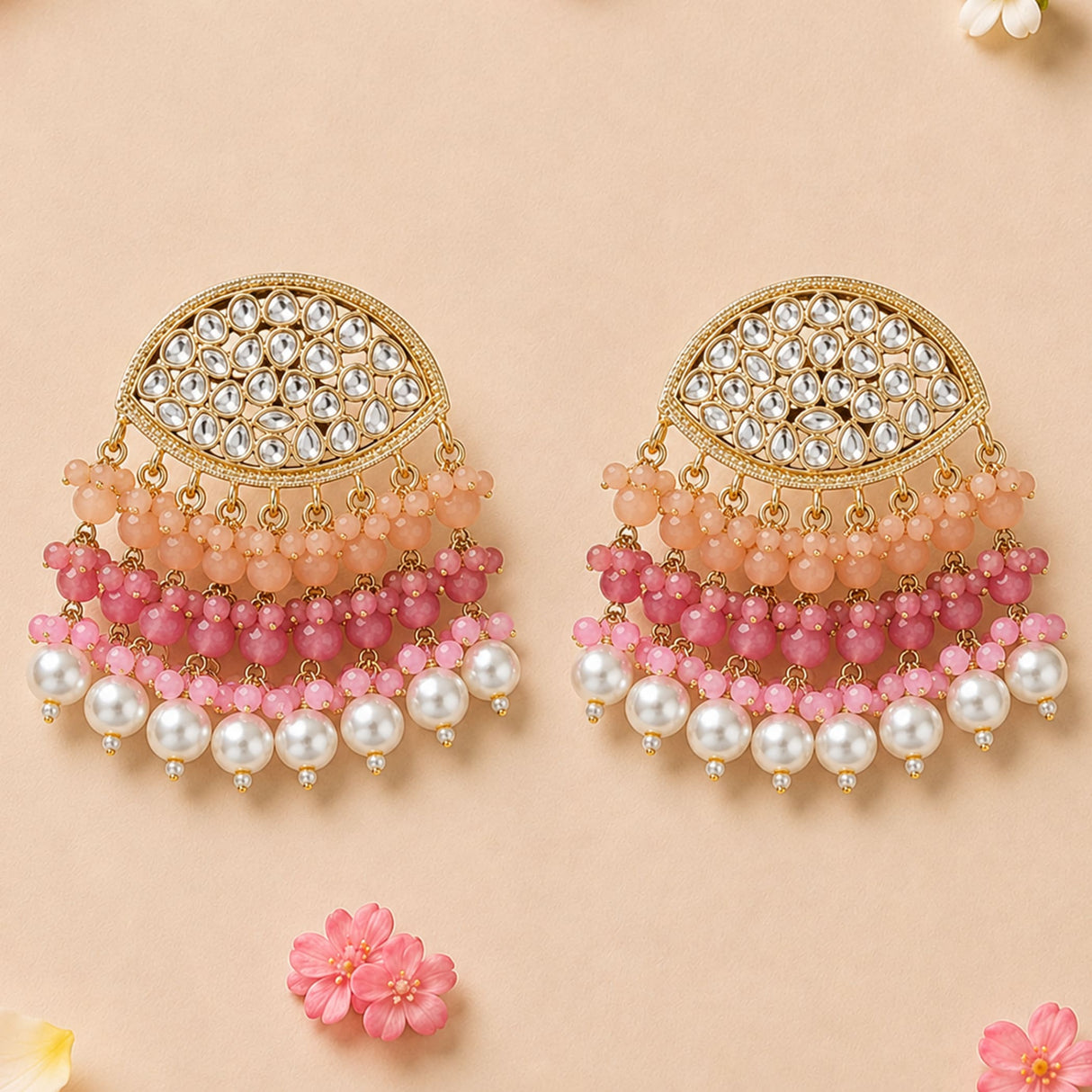 Gold toned Indian kundan stone and faux pearl chandbali earrings with peach pink beads for wedding and ethnic wear