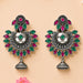 Indian oxidized silver floral chandbali earrings with pink and green stones and bell jhumki for traditional wear