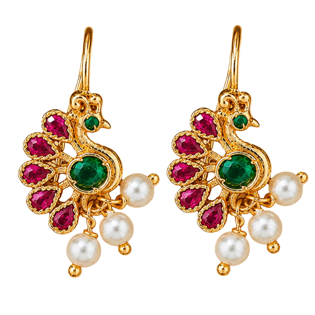 Indian peacock drop earrings in gold tone with vibrant ruby emerald stones and faux pearl accents for wedding and ethnic wear