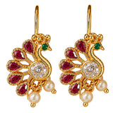 Indian peacock drop earrings gold tone with red rubies green emerald eyes clear diamond and cream faux pearls for ethnic wear