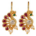Indian peacock drop earrings gold tone with red rubies green emerald eyes clear diamond and cream faux pearls for ethnic wear