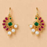 Indian peacock drop earrings gold tone with red green gemstones and faux pearl dangle for Diwali wedding ethnic wear