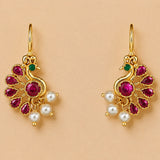 Indian peacock drop earrings gold tone with vibrant ruby emerald stones and white faux pearls for traditional wear