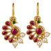 Indian peacock drop earrings gold tone with red rubies green gemstone eye and white faux pearl dangle for ethnic wear