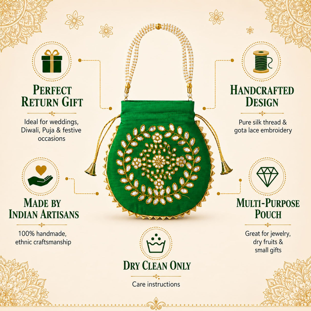 Vibrant green velvet indian potli bag with intricate gold and white beadwork and decorative tassels for wedding and diwali gifts