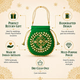 Vibrant green velvet indian potli bag with intricate gold and white beadwork and decorative tassels for wedding and diwali gifts