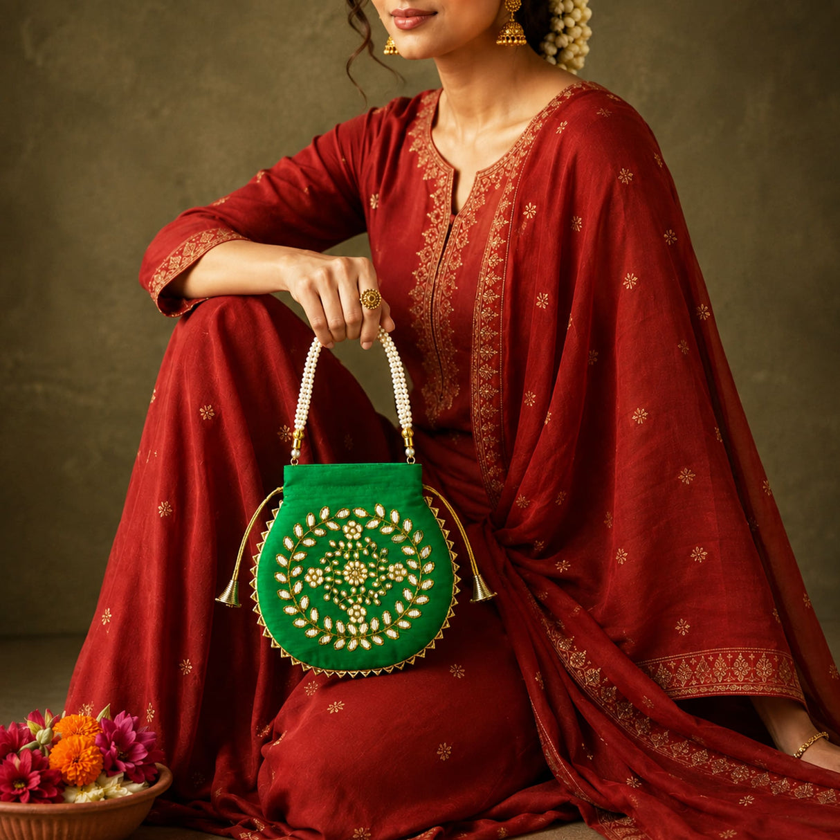 Emerald green indian potli bag with gold thread embroidery and pearl-handled straps for weddings and festive gifts