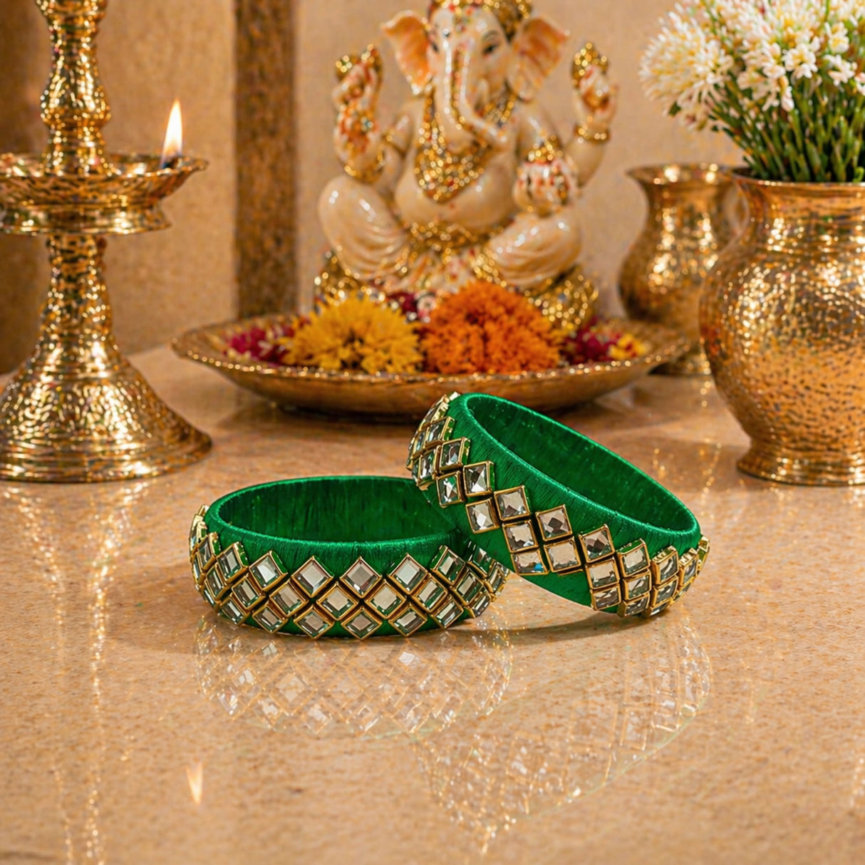 Emerald green indian silk thread bangles for women adorned with gold-trimmed square mirror stones traditional kundan bracelet