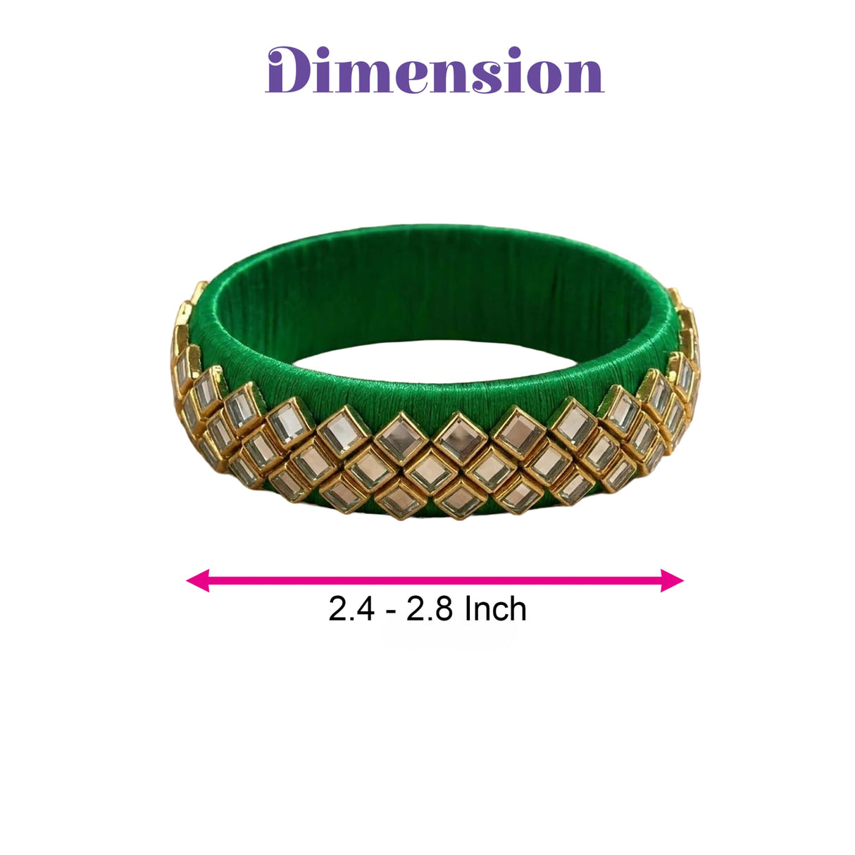 Green silk thread bangle adorned with gold-toned diamond-shaped embellishments for Indian bridal or gift use