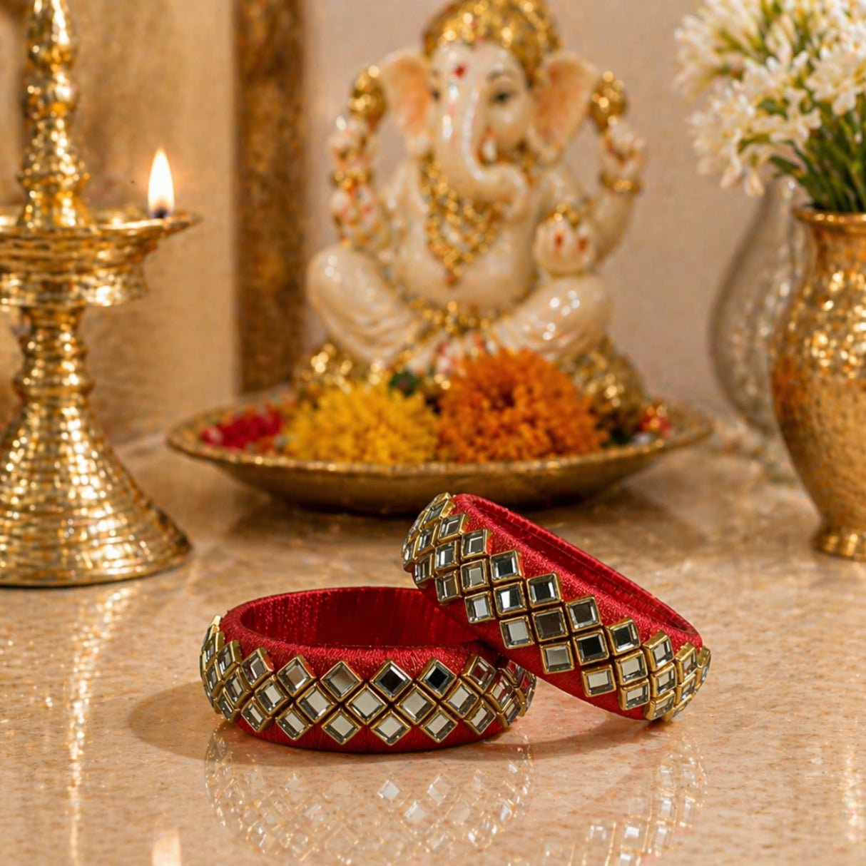 Red satin indian silk thread bangles for women with mirrored square stones set in gold-toned metal for bridal gifts