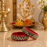 Red satin indian silk thread bangles for women with mirrored square stones set in gold-toned metal for bridal gifts