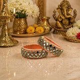 Copper-colored Indian silk thread bangles for women with geometric mirrored square stones and traditional Kundan design