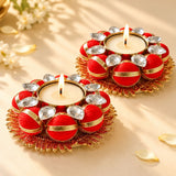 Two pack red and gold decorative tea light candle holders with crystal accents for diwali pooja and festive decor