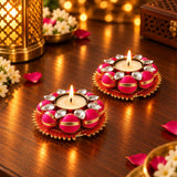 Vibrant pink and gold decorative diya candle holders with sparkling crystals 2 pack for Diwali pooja and festive decor