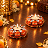 Two pack decorative orange and gold tea light candle holders with clear crystal accents for diwali pooja and home decor