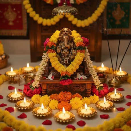 Bronze Ganesha idol with flower garlands surrounded by lit diyas for festive decoration