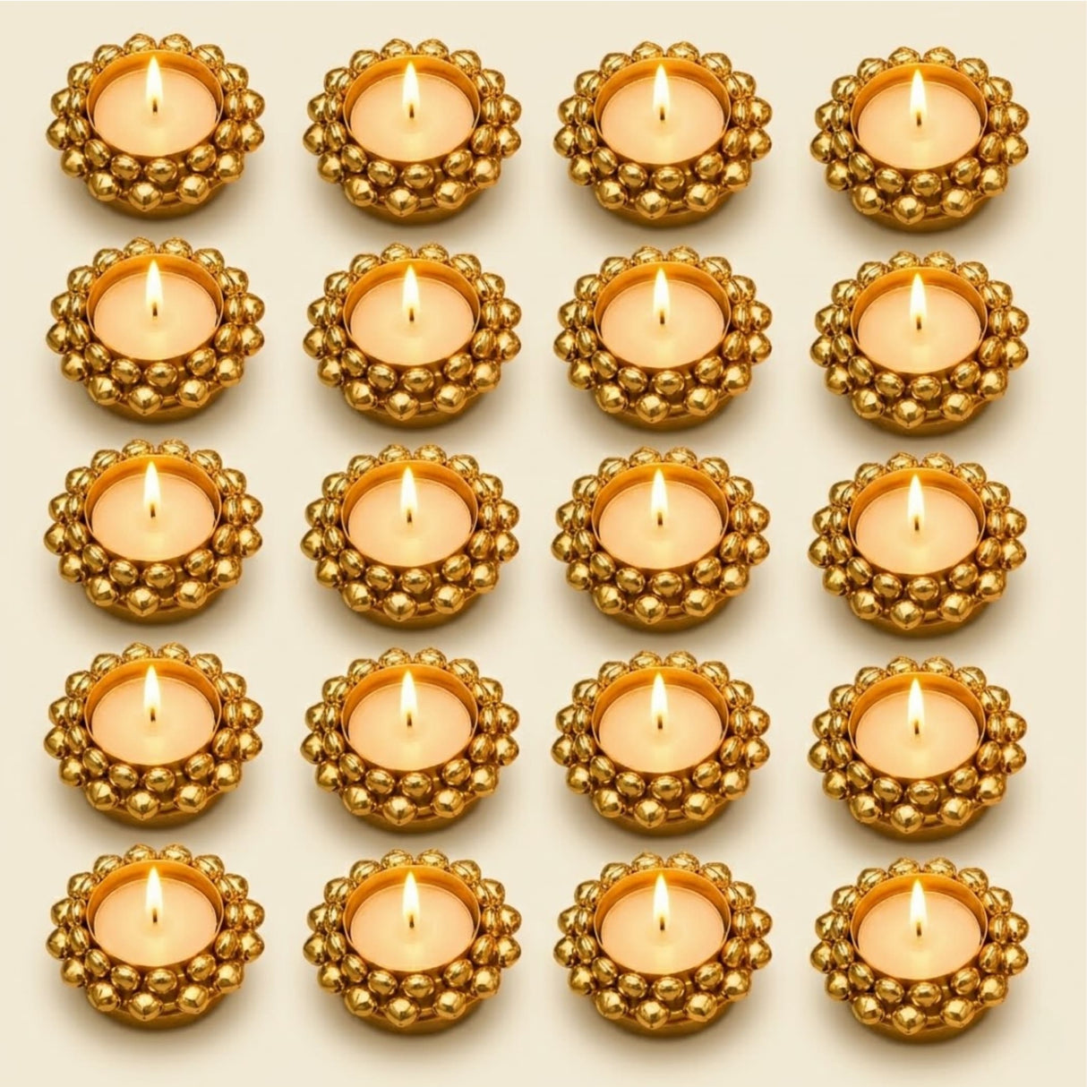 Golden beaded indian tealight candle holders with lit tea lights for diwali pooja and festive home decor