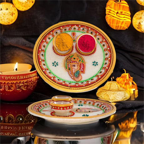 Indian white marble pooja thali set ganesha haldi kumkum