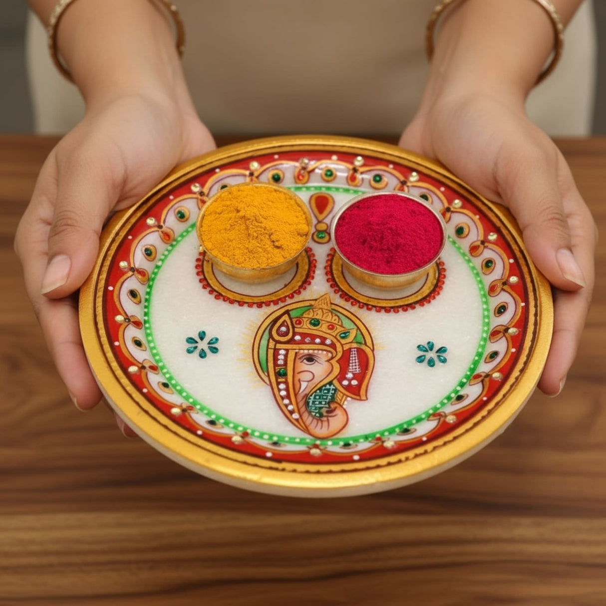 White marble Pooja Thali with colorful Hindu deity design and gold rim for Hindu worship