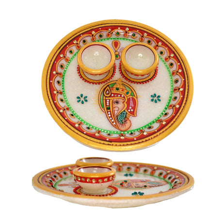 Indian white marble pooja thali set ganesha haldi kumkum