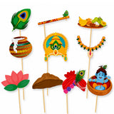 Colorful 10 pcs janmashtami photo booth props on sticks featuring peacock feather crown flute and festive items for decoration
