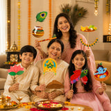 10 pcs janmashtami photo booth props with colorful paper cutouts of peacock feathers and traditional indian motifs for festival decor