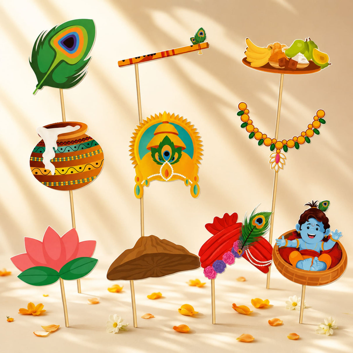 Colorful illustrated photo booth props on sticks for janmashtami decoration kit ideal for indoor outdoor use