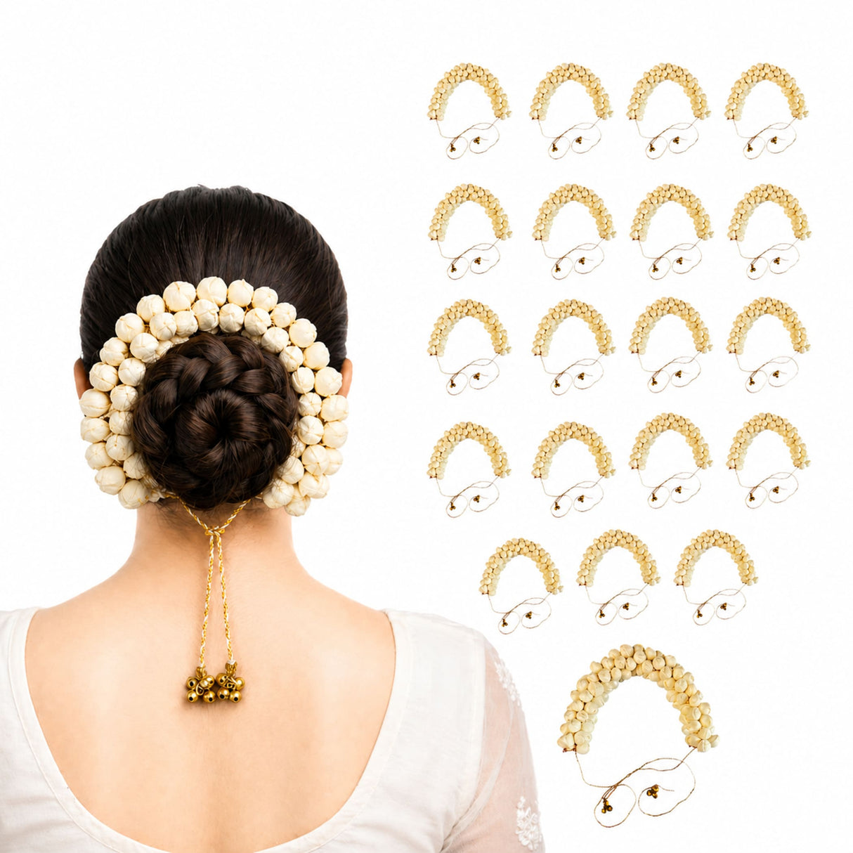 Cream-colored traditional artificial jasmine gajra with beaded gold chain and small bells for bridal and wedding hair accessory