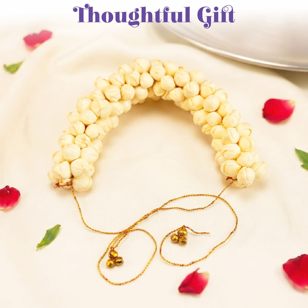 Traditional artificial jasmine gajra cream floral headpiece with gold chain and bells for bridal mehndi and weddings