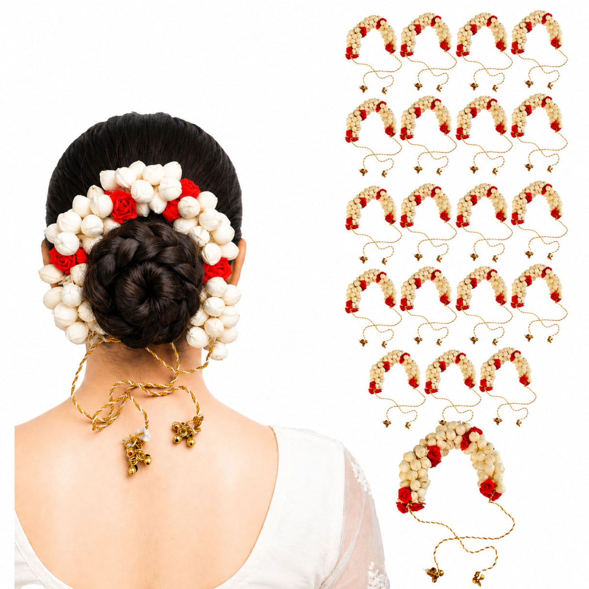 Traditional artificial jasmine gajra hair accessory with red and white flowers gold chain and bells for bridal use