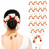 Traditional artificial jasmine gajra hair accessory with red and white flowers gold chain and bells for bridal use